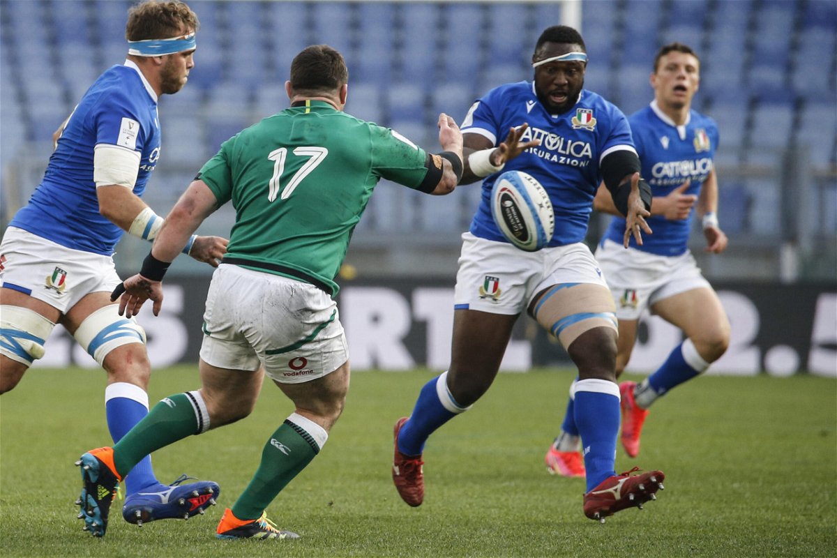<i>Fabio Frustaci/EPA-EFE/Shutterstock</i><br/>Ireland's Cian Healy (C) and Italy's Cherif Traore (R) in action during the Six Nations in February 2021.
