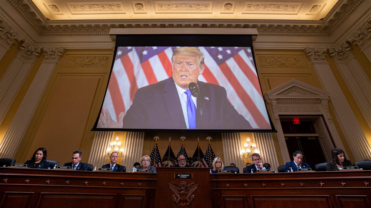 <i>Al Drago/Pool/Getty Images</i><br/>Former President Donald Trump is displayed on a screen during a meeting of the Select Committee to Investigate the January 6th Attack on the U.S. Capitol on December 19