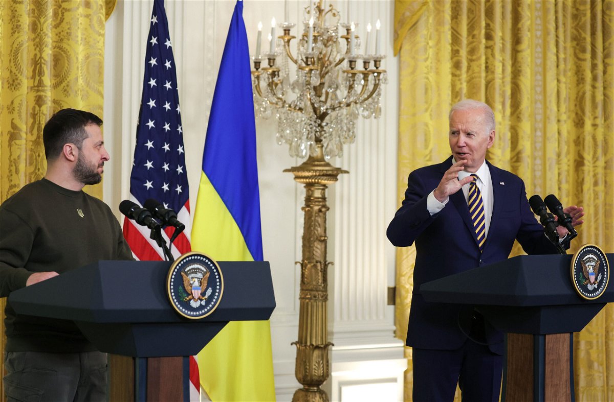 <i>Alex Wong/Getty Images</i><br/>5 takeaways from Volodymyr Zelensky's historic visit to Washington. U.S. President Joe Biden (R) and President of Ukraine Volodymyr Zelensky are pictured here in a joint press conference in the East Room at the White House on December 21.