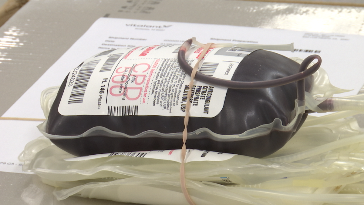 A full blood bag is shown at the Vitalant office in Santa Maria on January 5, 2023. 