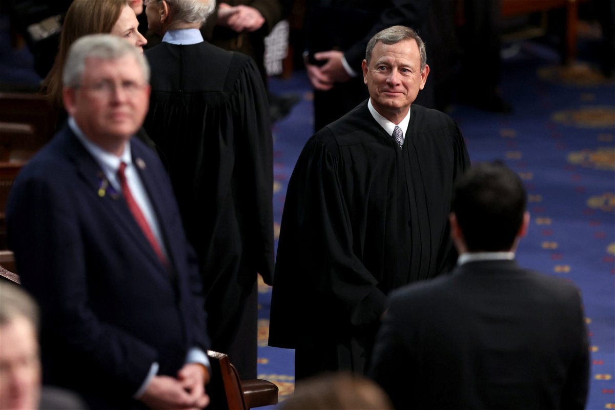 <i>Julia Nikhinson/Pool/Getty Images</i><br/>Supreme Court Chief Justice John Roberts is seen prior to President Joe Biden giving his State of the Union address on March 1
