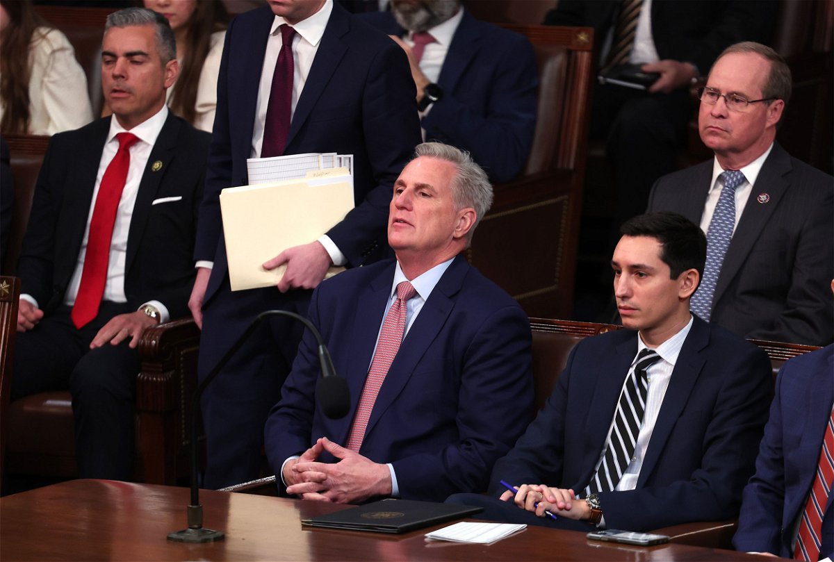 <i>Win McNamee/Getty Images</i><br/>GOP leader Kevin McCarthy takes his seat as he arrives for the start of the 118th Congress in the House Chamber of the U.S. Capitol Building on January 03