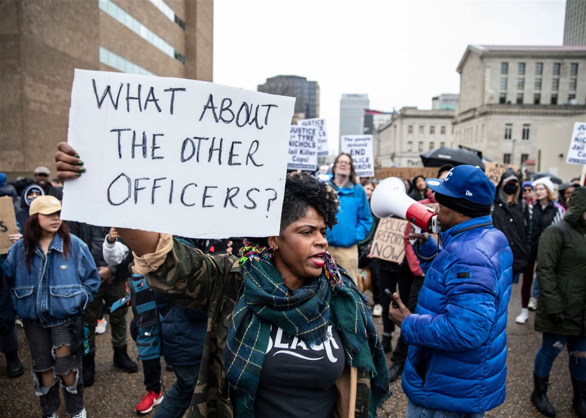 <i>Ariel Cobbert for CNN</i><br/>Organizers protest in front of the Memphis Police Department headquarters Saturday