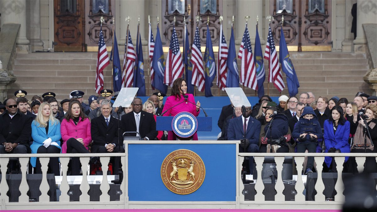 <i>Al Goldis/AP</i><br/>Michigan Gov. Gretchen Whitmer addresses the crowd during inauguration ceremonies on January 1