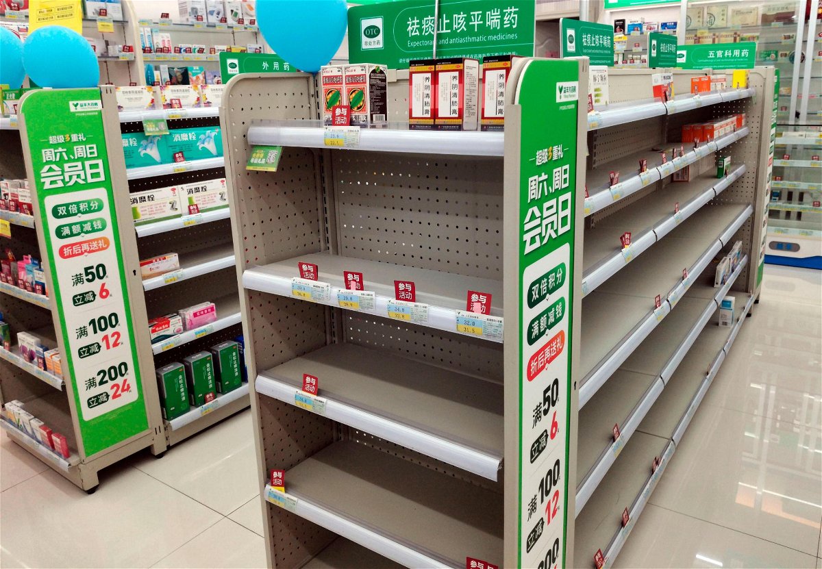 <i>Liu Junfeng/FeatureChina/AP</i><br/>Empty cough medicine shelves in China's central Hubei province on December 20