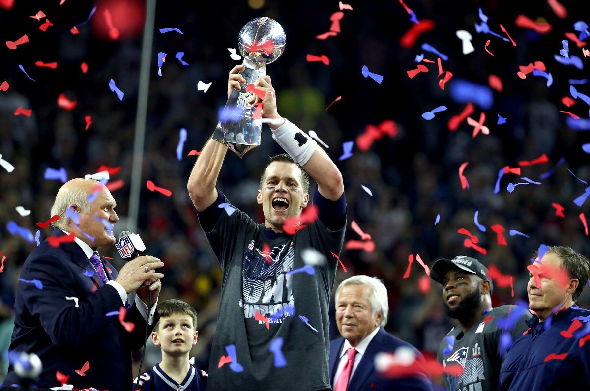 <i>Al Bello/Getty Images</i><br/>Tom Brady celebrates after the Patriots defeated the Atlanta Falcons at Super Bowl 51 on February 5