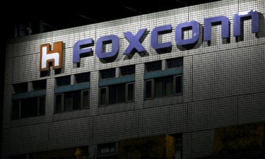 The logo of Foxconn is seen outside the company's building in Taipei