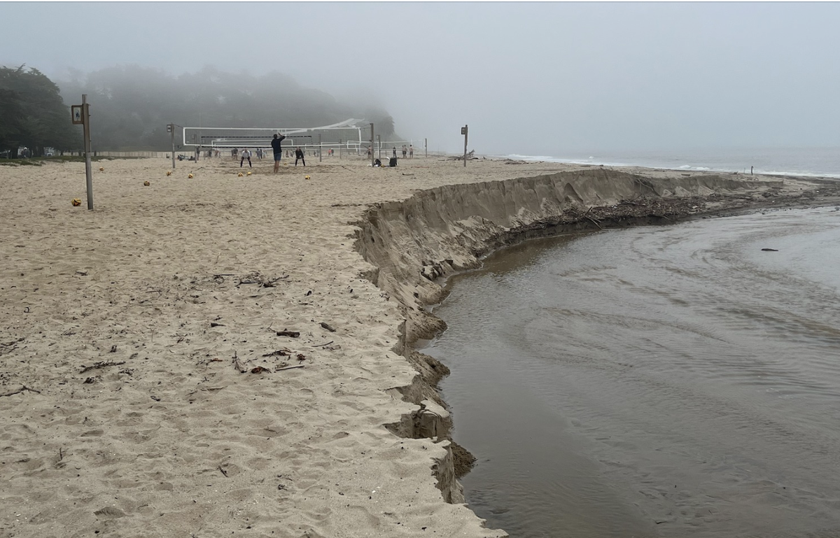 The East Beach volleyball courts saw significant sand wiped out by the January-March 2023 storms in Santa Barbara.