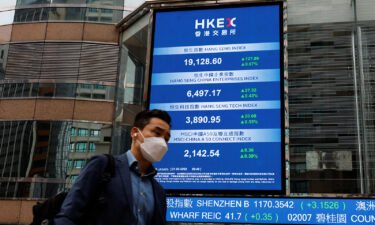 European and Asian stocks rose Tuesday as investor worries about the global banking turmoil ease. Pictured is the Hang Seng Index at Central district