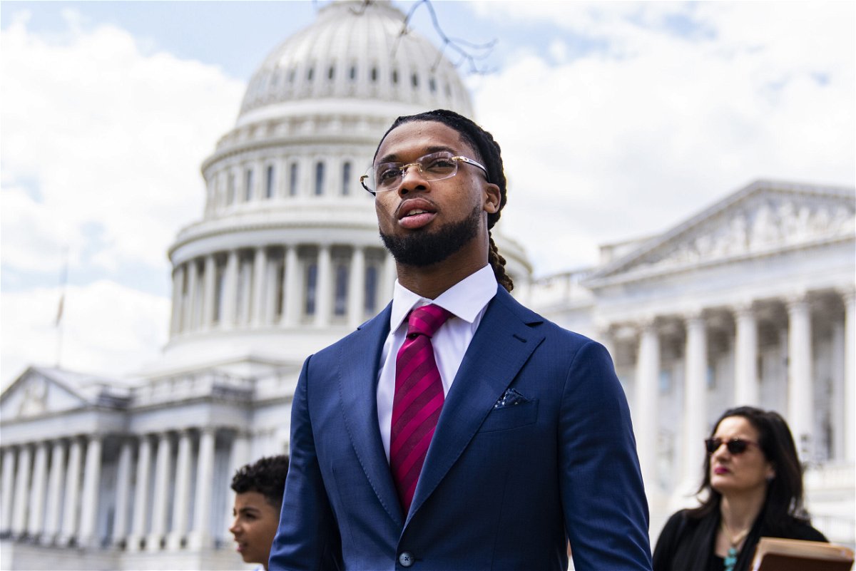 <i>Tom Williams/CQ Roll Call/AP</i><br/>Buffalo Bills safety Damar Hamlin spoke on Capitol Hill on March 29 in support of the Access to AEDs Act.