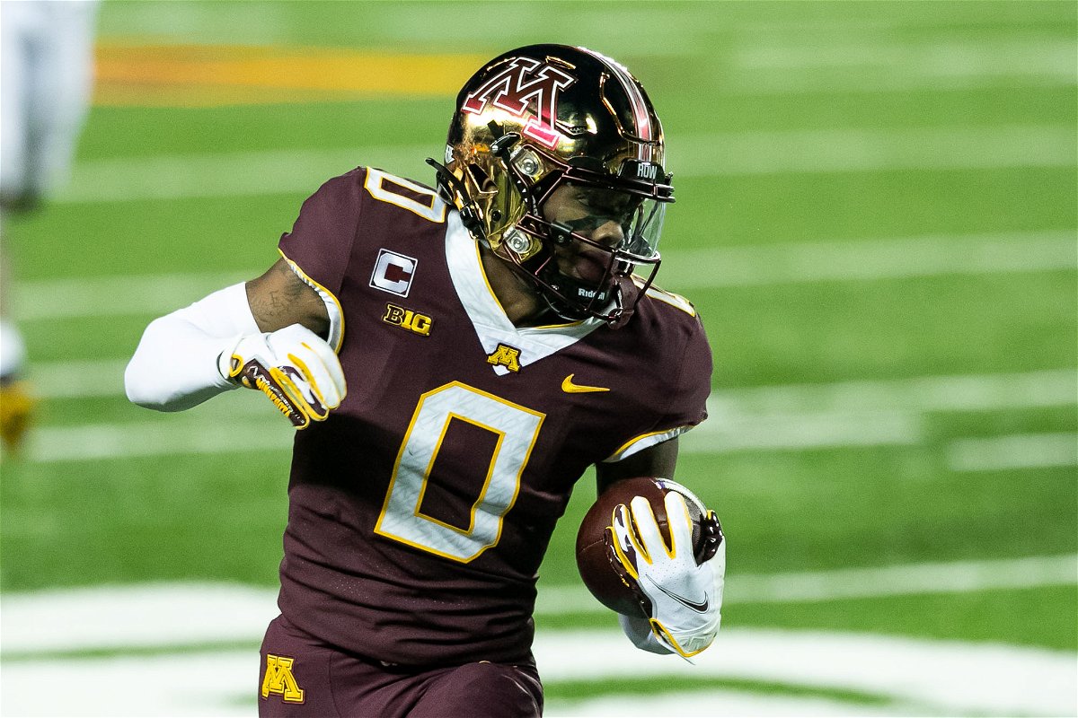 <i>David Berding/Getty Images</i><br/>Baltimore Ravens wide receiver Rashod Bateman wearing the #0 jersey when he played in college for the Minnesota Golden Gophers.