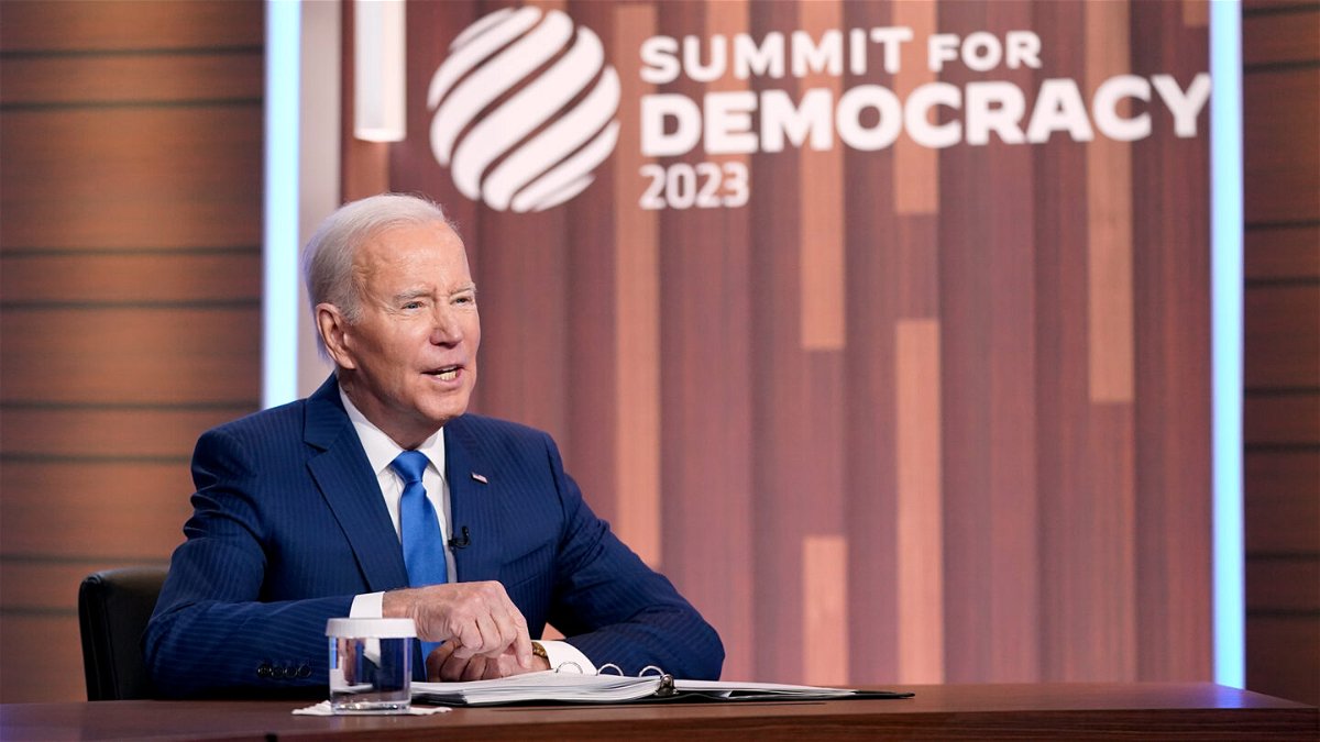 <i>Patrick Semansky/AP</i><br/>President Joe Biden speaks during a Summit for Democracy virtual plenary