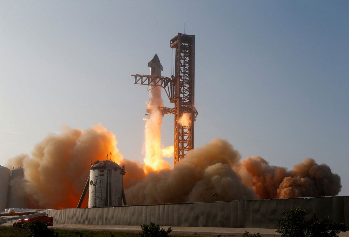 <i>Joe Skipper/Reuters</i><br/>SpaceX's next-generation Starship spacecraft atop its powerful Super Heavy rocket lifts off from the company's Boca Chica launchpad on an uncrewed test flight before exploding