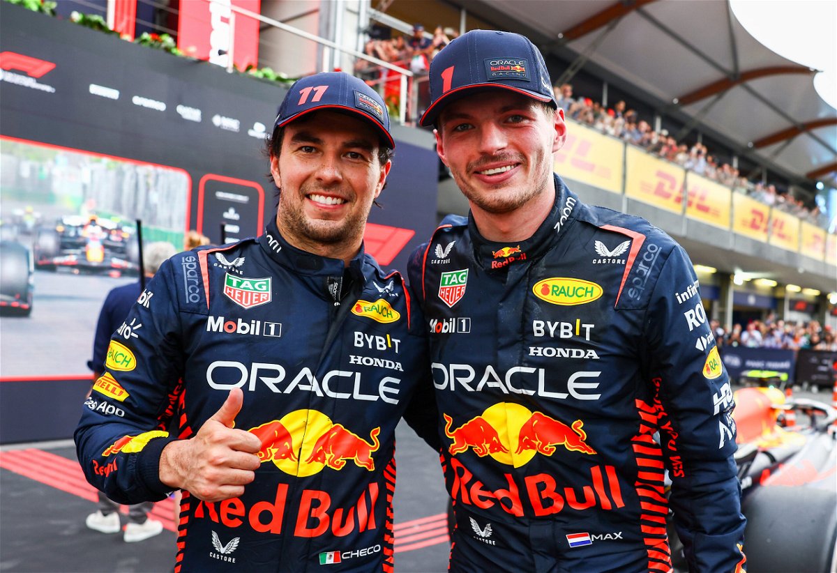 <i>Mark Thompson/Getty Images</i><br/>Perez and Verstappen celebrated together.