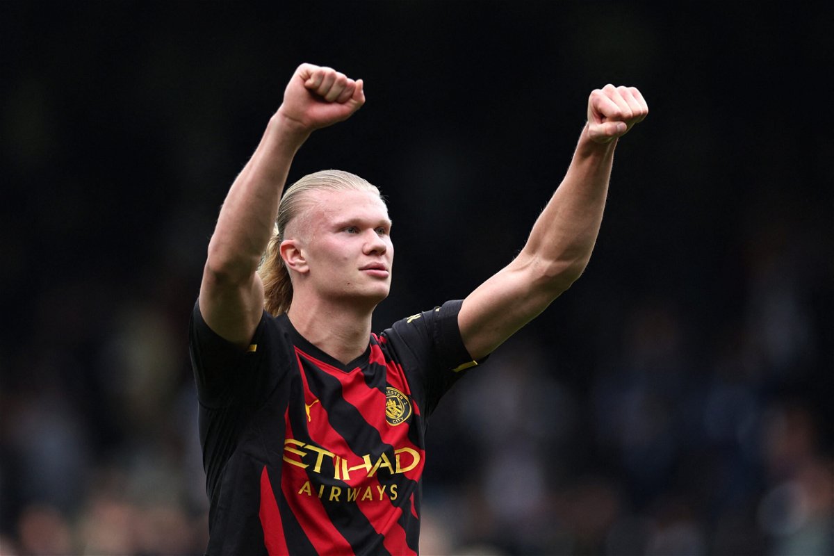 <i>Adrian Dennis/AFP/Getty Images</i><br/>Manchester City's Norwegian striker Erling Haaland celebrates on the pitch after the English Premier League football match between Fulham and Manchester City at Craven Cottage in London on April 30