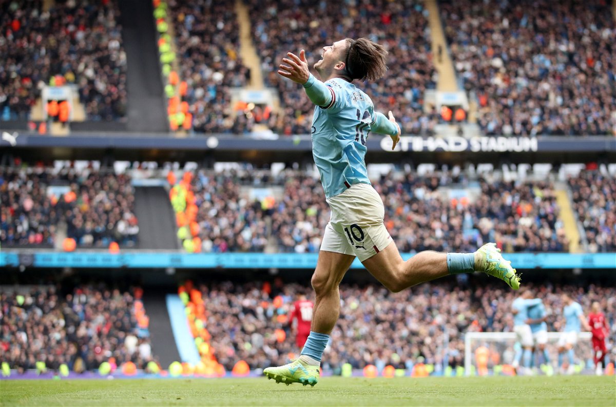 <i>Manchester City FC/Getty Images</i><br/>Jack Grealish of Manchester City celebrates after scoring the team's fourth goal during the Premier League match between Manchester City and Liverpool FC at Etihad Stadium on April 1 in Manchester