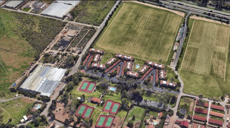The Polo Condos, located between the polo fields and tennis courts of the Santa Barbara Polo and Racquet Club, are diagonally across Foothill Road from the Island Breeze cannabis operation, shown at lower left.