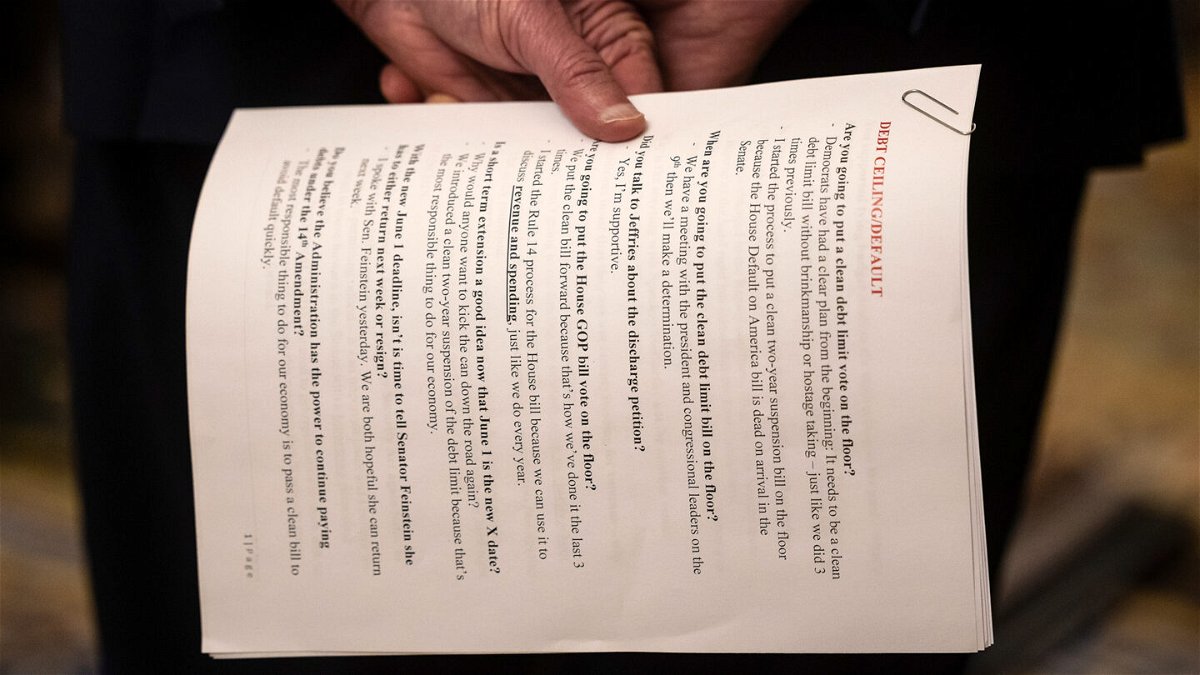 <i>Francis Chung/Politico/AP</i><br/>Senate Majority Leader Chuck Schumer (D-N.Y.) holds sheets of paper with talking points on debt ceiling legislation during a press conference on Capitol Hill on May 2.