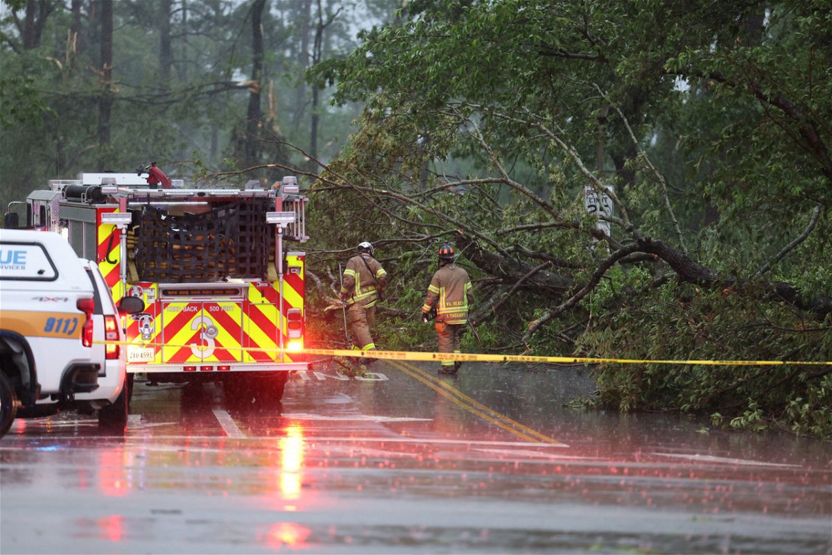 <i>Justin Fleenor/WTKR</i><br/>Trees were toppled and roads blocked Sunday following a tornado in Virginia Beach