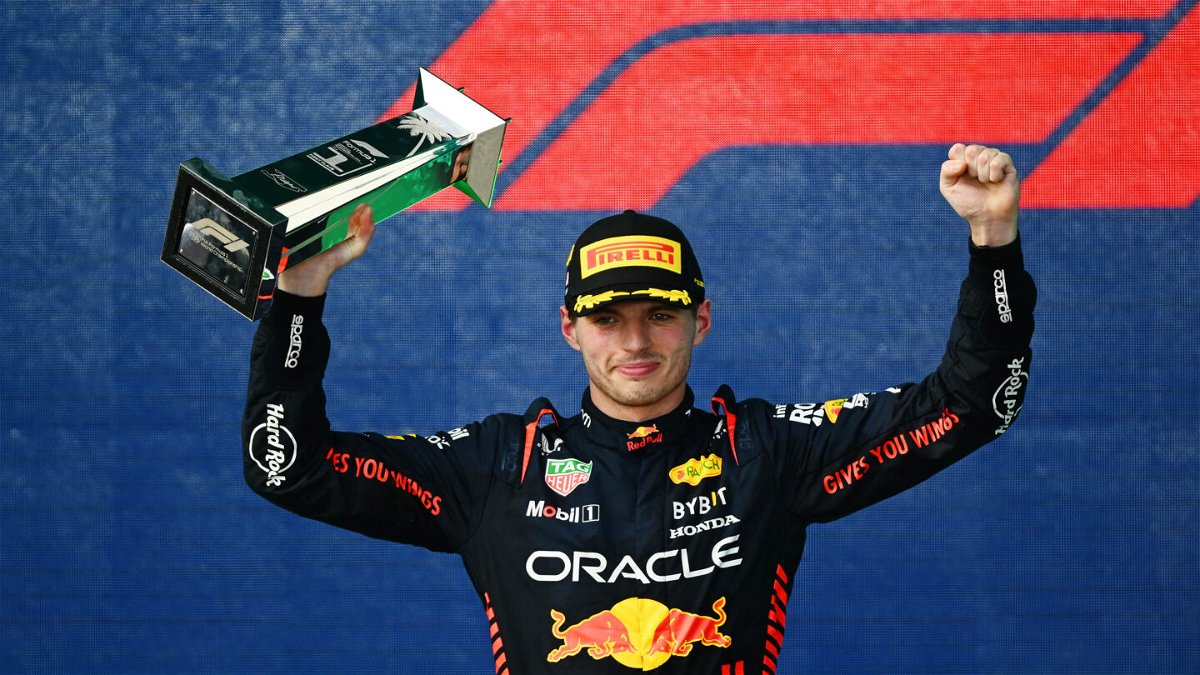 <i>Clive Mason/Formula 1/Getty Images</i><br/>Max Verstappen celebrates on the podium after winning the Miami Grand Prix.