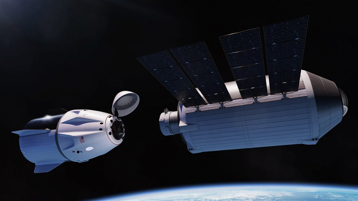 <i>Courtesy Vast</i><br/>A rendering provided by Vast shows the company's proposed Haven-1 space station (right) docking with a SpaceX Dragon vehicle (left).