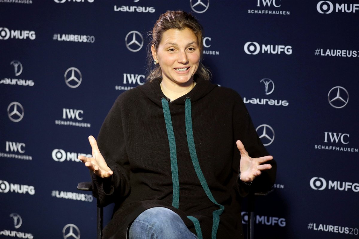 <i>Boris Streubel/Getty Images for Laureus</i><br/>Maya Gabeira speaks at the Laureus World Sports Awards in Berlin in February 2020.