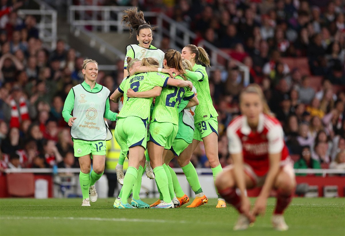 <i>Richard Heathcote/Getty Images</i><br/>Wolfburg's players celebrate Pauline Bremer's winning goal against Arsenal.