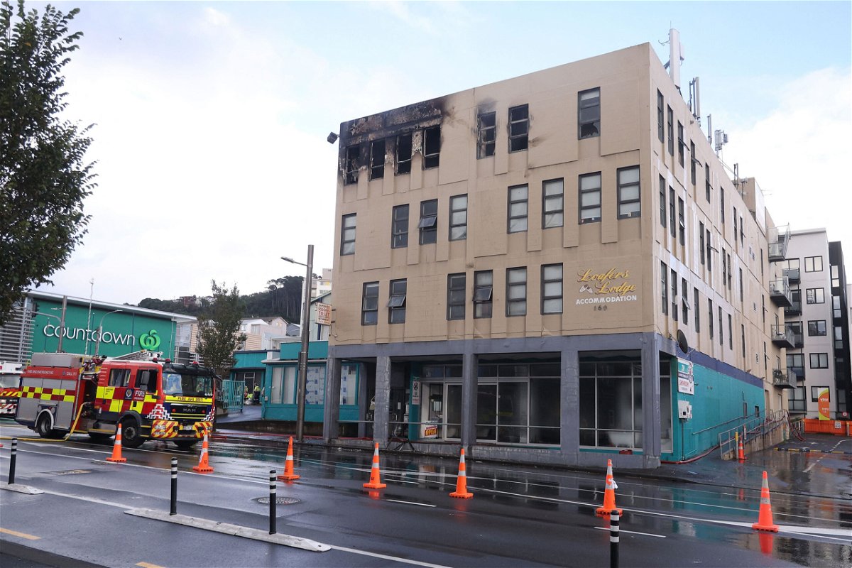 <i>Marty Melville/AFP/Getty Images</i><br/>Damage is seen on a hostel building following a fatal fire in Wellington on May 16.