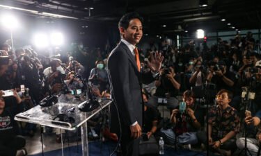 Move Forward Party leader and prime ministerial candidate Pita Limjaroenrat arrives to give a press conference at the party headquarters in Bangkok on May 15.