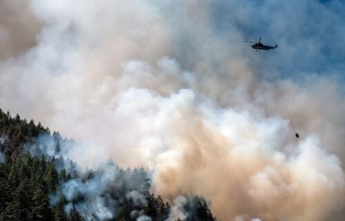 A helicopter waterbomber flies above the Cameron Bluffs wildfire near Port Alberni