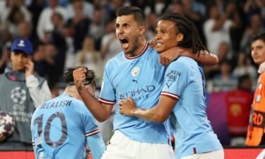 Rodri (left) of Manchester City celebrates scoring the only goal of the game.