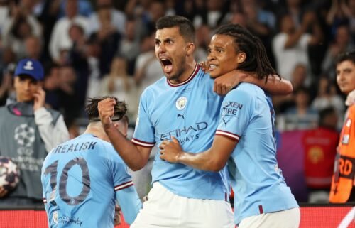 Rodri (left) of Manchester City celebrates scoring the only goal of the game.