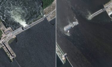 Satellite images of the Nova Kakhovka dam before its collapse (left