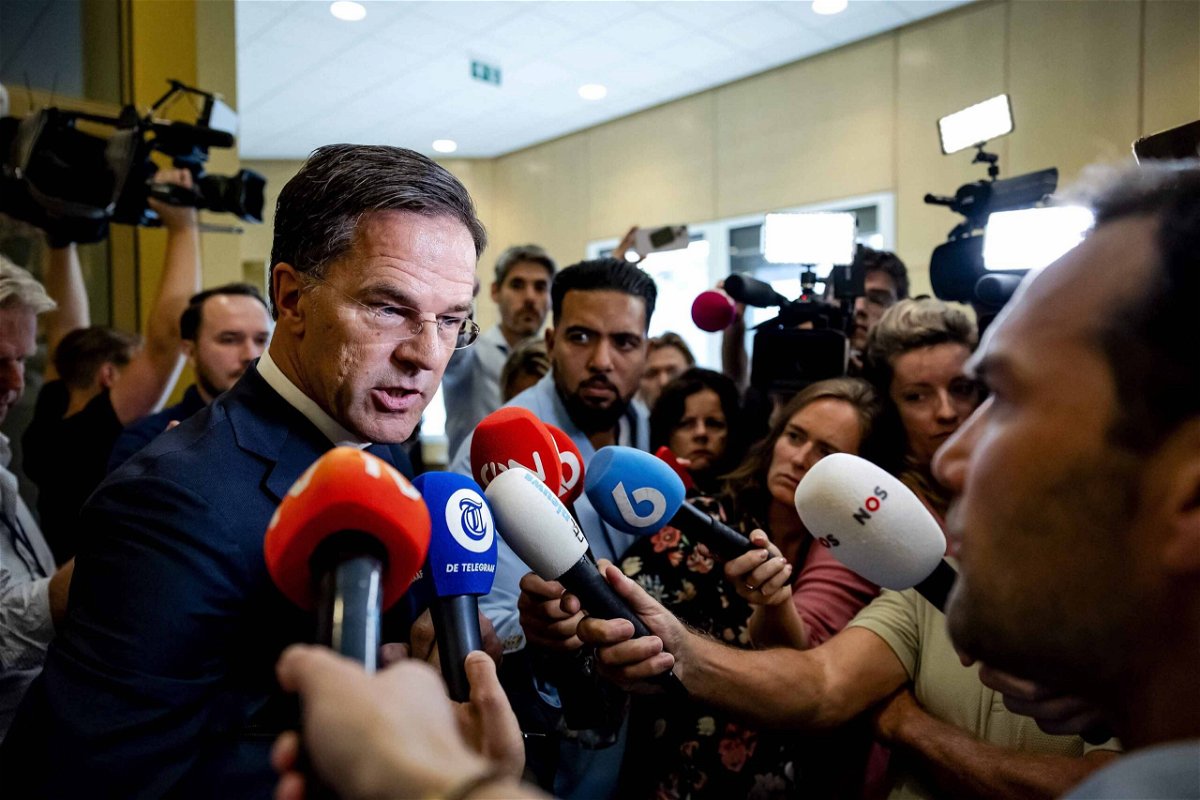 Outgoing Prime Minister Mark Rutte speaks to the press during a suspension after his statement on the fall of the cabinet at the House of Representatives in The Hague