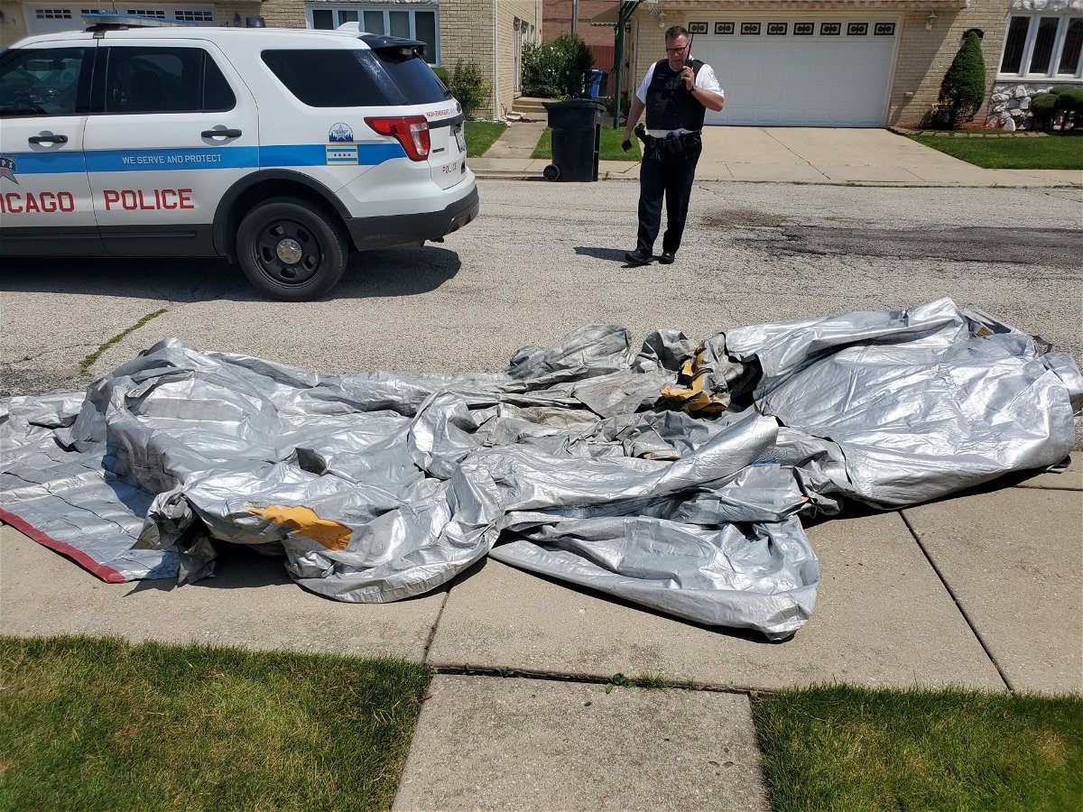 Patrick Devitt shared these photos of an emergency evacuation slide that landed near his house on Monday in a neighborhood near Chicago O’Hare International Airport.