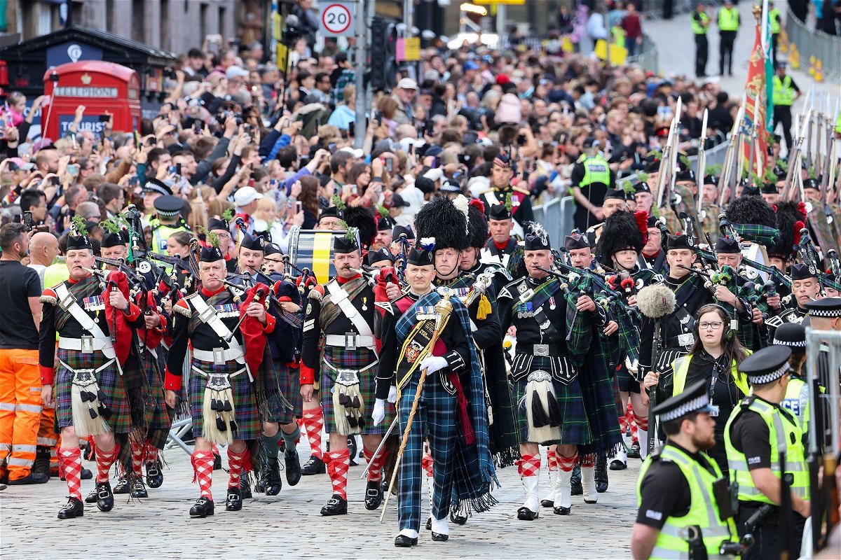 A general view of the Scottish Crown Jewels being carried ahead of a national service of thanksgiving and dedication to the coronation of King Charles III and Queen Camilla at St Giles' Cathedral on July 5 in Edinburgh