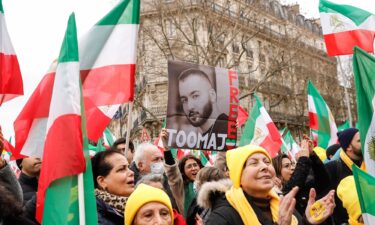 Protesters called for Iranian rapper Toomaj Salehi's release during a demonstration on the 44th anniversary of the Iranian revolution