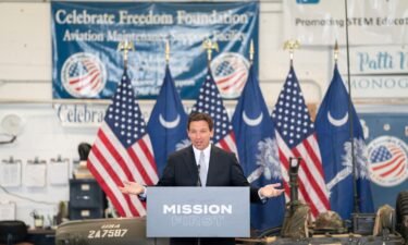 Florida Governor and Republican presidential candidate Ron DeSantis speaks during a press conference at the Celebrate Freedom Foundation Hangar in West Columbia
