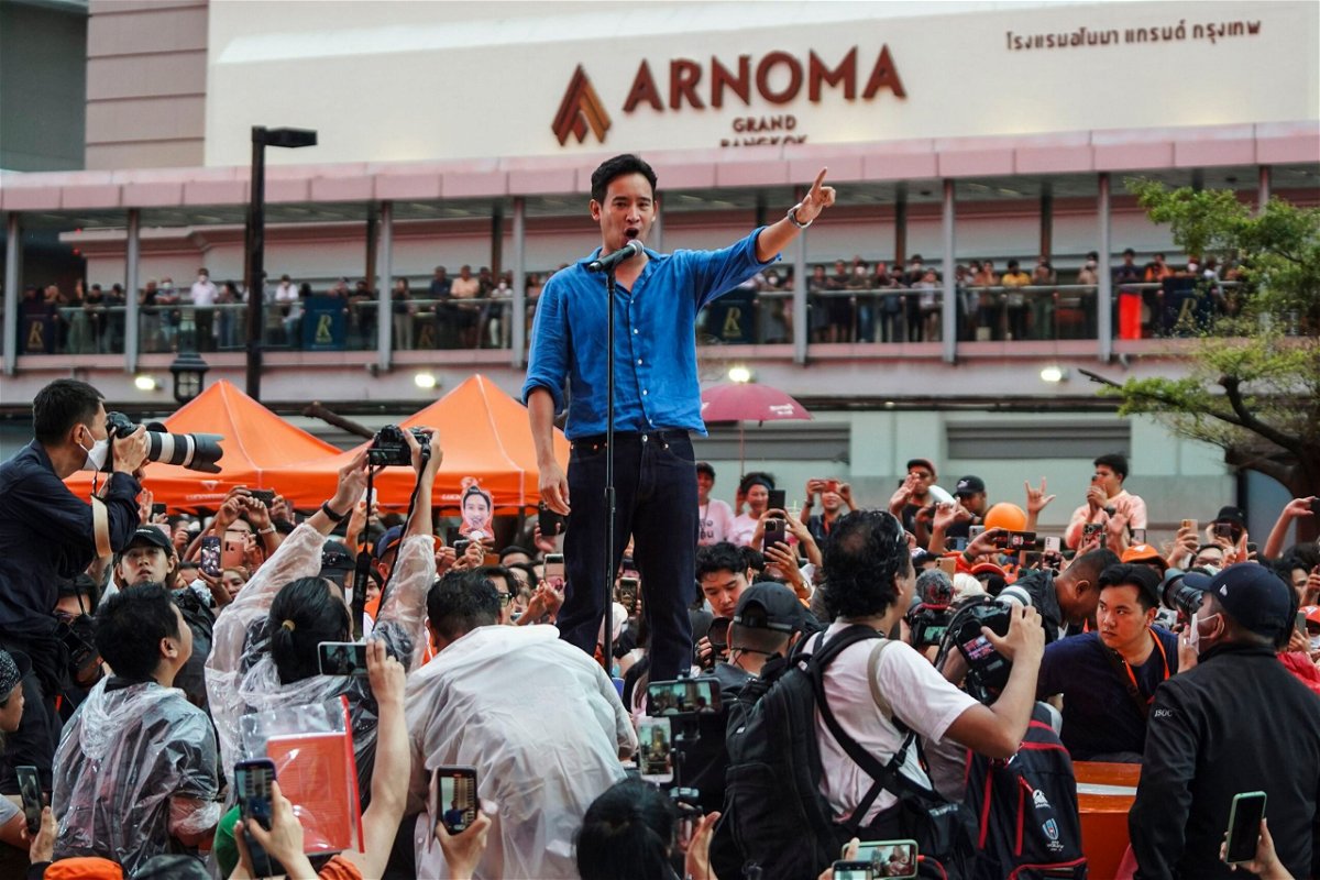 The Move Forward party's leader and prime ministerial candidate Pita Limjaroenrat speaks to supporters during a rally in Bangkok