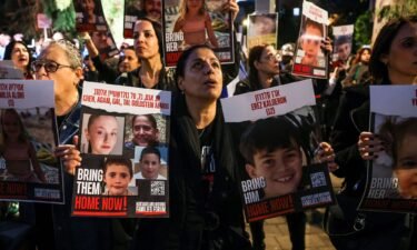 Protesters rally outside the Unicef offices in Tel Aviv on November 20 to demand the release of Israelis held hostage in Gaza since the October 7 attack by Hamas militants.