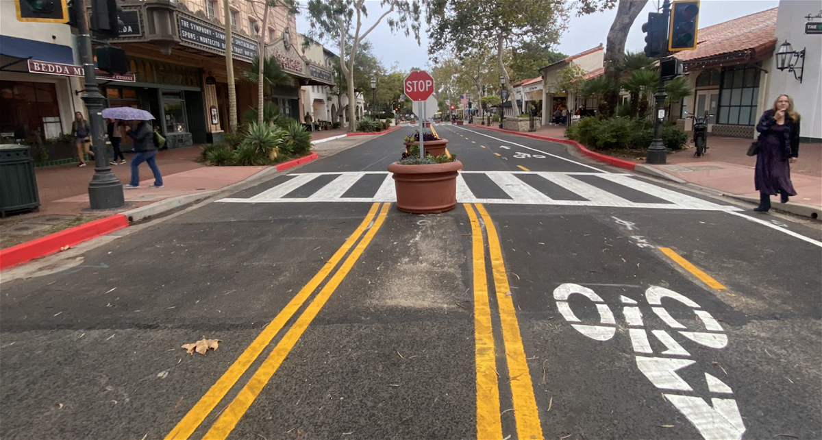 New striping is part of the ongoing change to State St. in downtown Santa Barbara.  A mini-shuttle could be next.