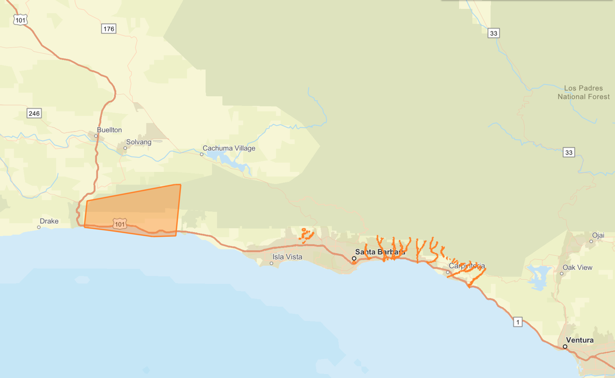 Santa Barbara County Office of Emergency Management evacuation warning map as of February 17, 2024.