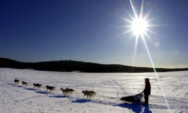 A sled dog team crosses Portage Lake in Portage