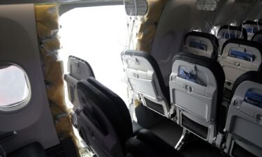 An opening is seen in the fuselage of Alaska Airlines Flight 1282 Boeing 737-9 Max.