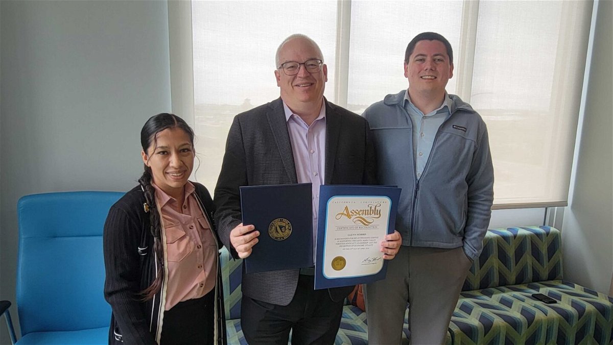Pictured: Chamber President & CEO Glenn Morris (middle) receiving recognition from representatives Christina Hernandez (left) and Carlson Link (right) of the offices of Assemblymember Hart and State Senator Limón, respectively.
