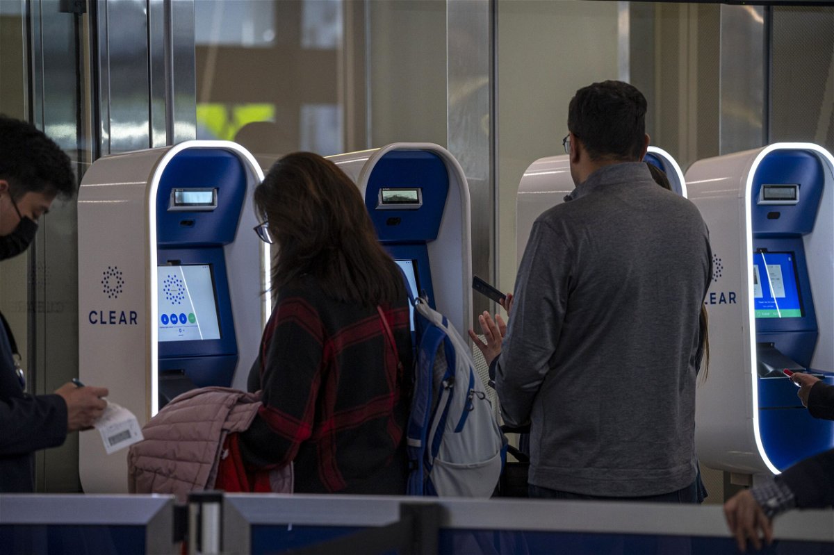 Travelers use Clear Plus kiosks at San Francisco International Airport in 2023.