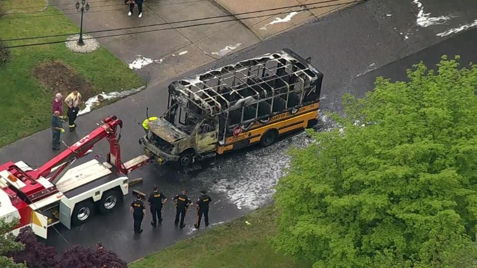 <i>WCBS via CNN Newsource</i><br/>Video shows a school bus in flames in a New Jersey neighborhood