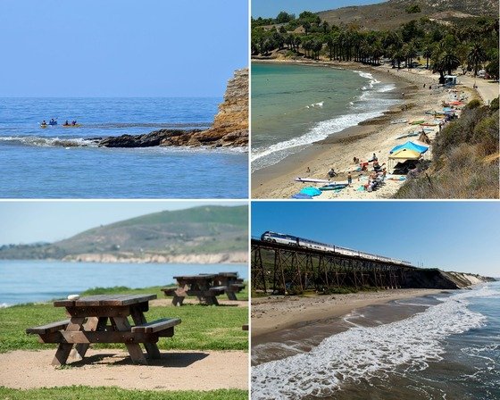 Top photos: The iconic beach at Refugio State Beach. Bottom left: Picnic tables at El Capitán State Beach. Bottom right: Train passing over Gaviota State Park.
