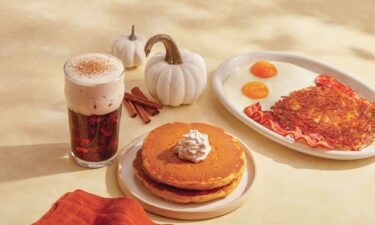 iHOP's pumpkin spice menu items are pictured in a promotional image.