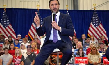 Republican vice presidential nominee JD Vance speaks during a town hall meeting at the Bedford County Airport in Bedford